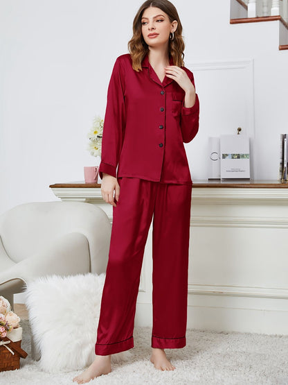 Classic Comfort: Lapel Collar Long Sleeve Top and Pants Pajama Set