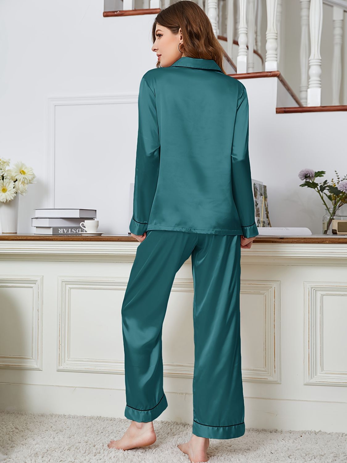 Classic Comfort: Lapel Collar Long Sleeve Top and Pants Pajama Set