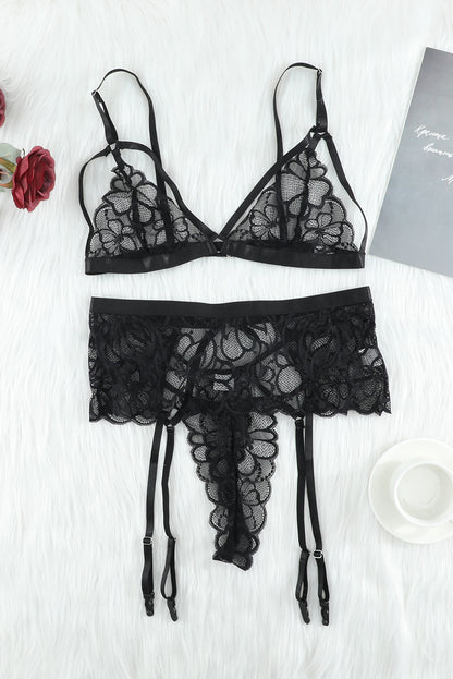 Chic Allure: Strappy Three-Piece Lace Lingerie Set