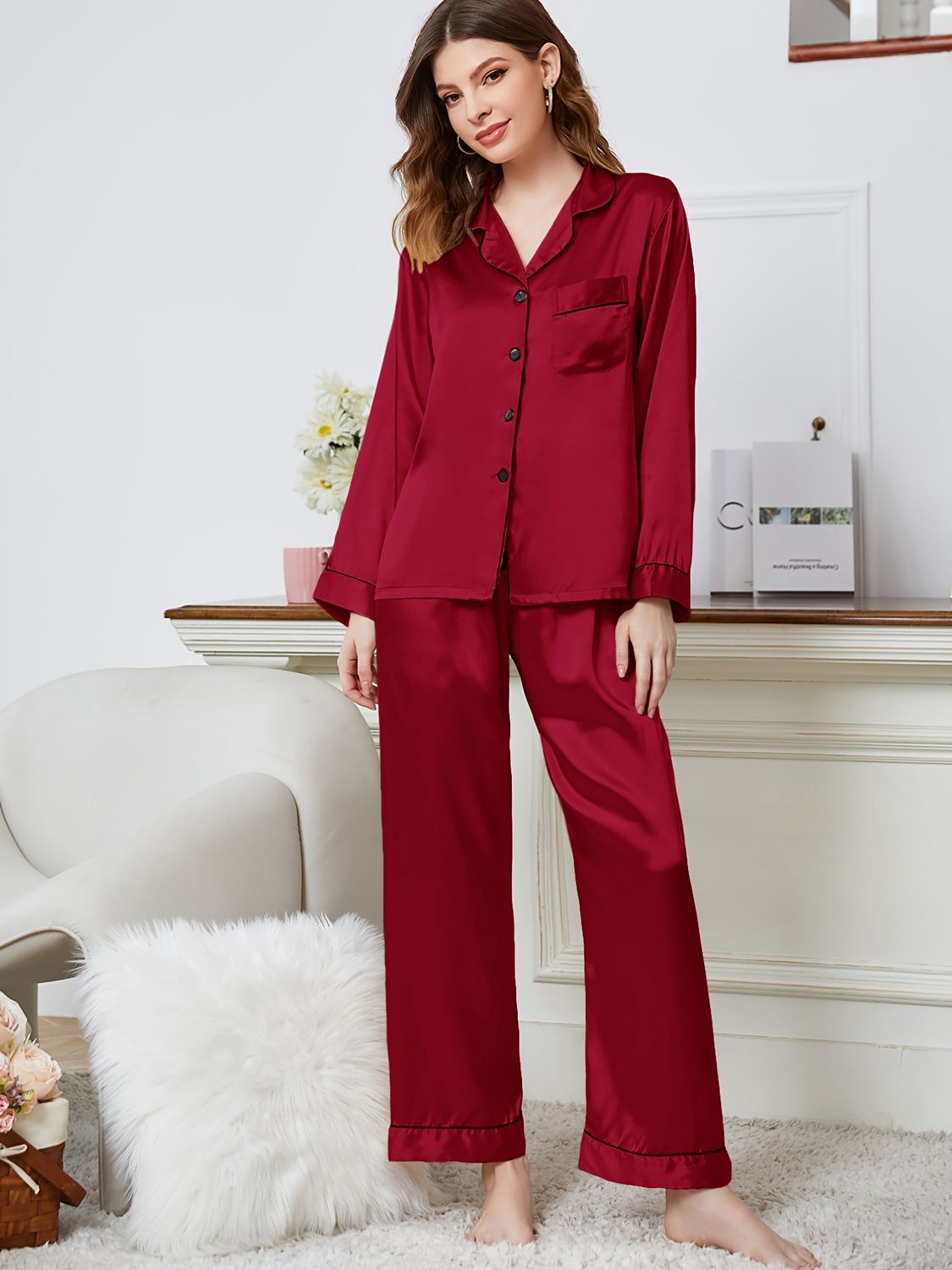 Classic Comfort: Lapel Collar Long Sleeve Top and Pants Pajama Set