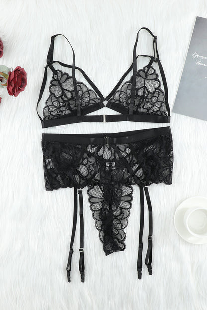 Chic Allure: Strappy Three-Piece Lace Lingerie Set