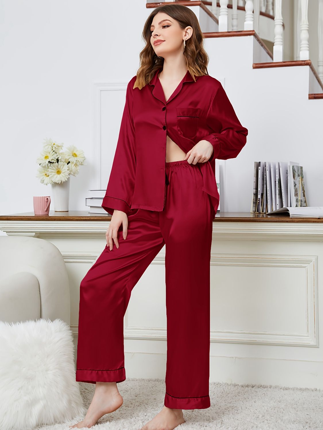 Classic Comfort: Lapel Collar Long Sleeve Top and Pants Pajama Set