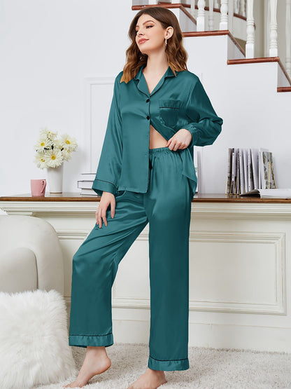 Classic Comfort: Lapel Collar Long Sleeve Top and Pants Pajama Set