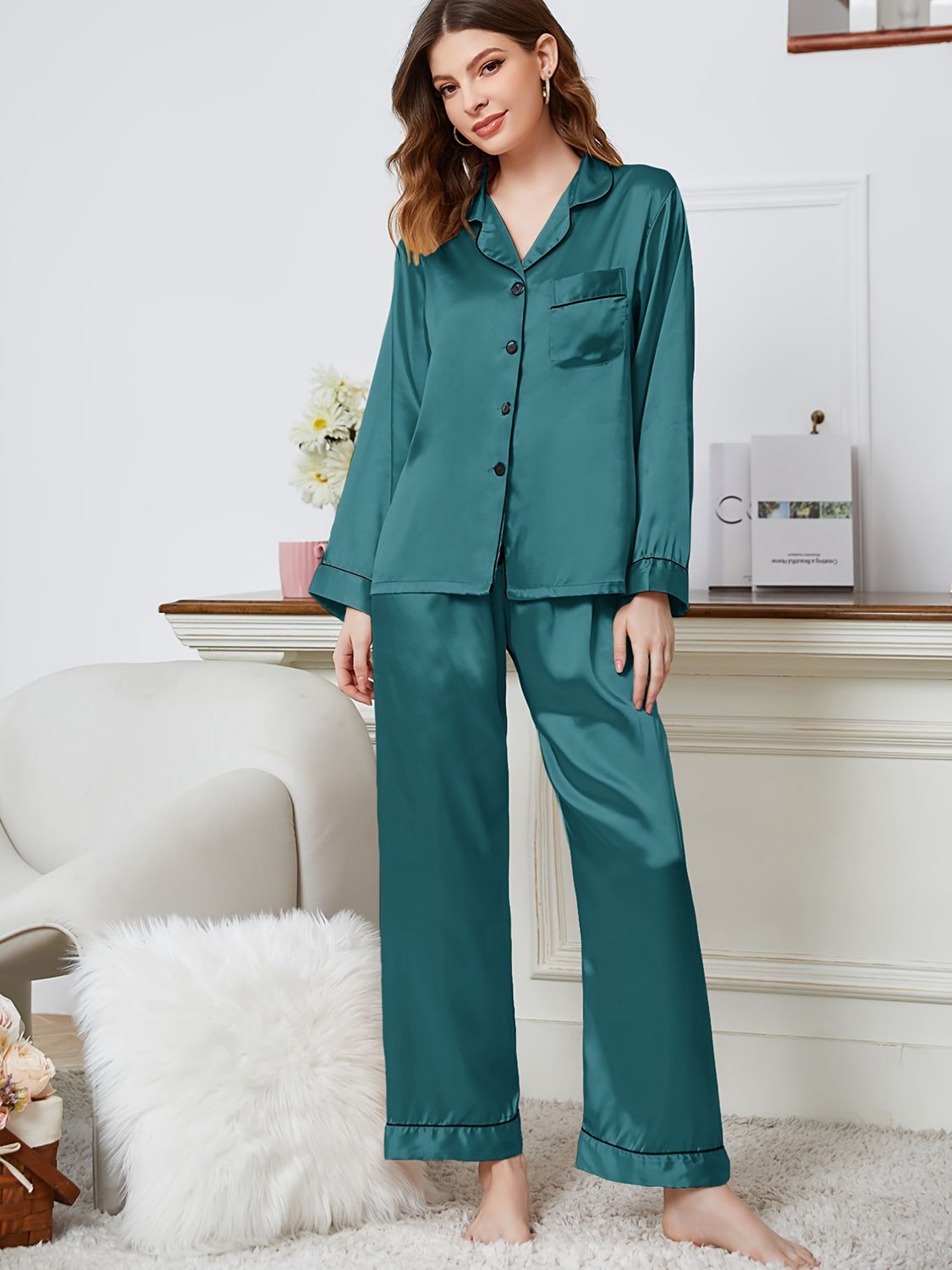 Classic Comfort: Lapel Collar Long Sleeve Top and Pants Pajama Set