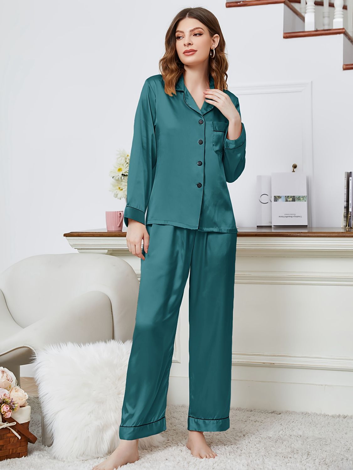 Classic Comfort: Lapel Collar Long Sleeve Top and Pants Pajama Set